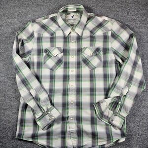 American Eagle Mens XL Plaid Western Shirt Pearl Snap Vintage Fit Green Grey